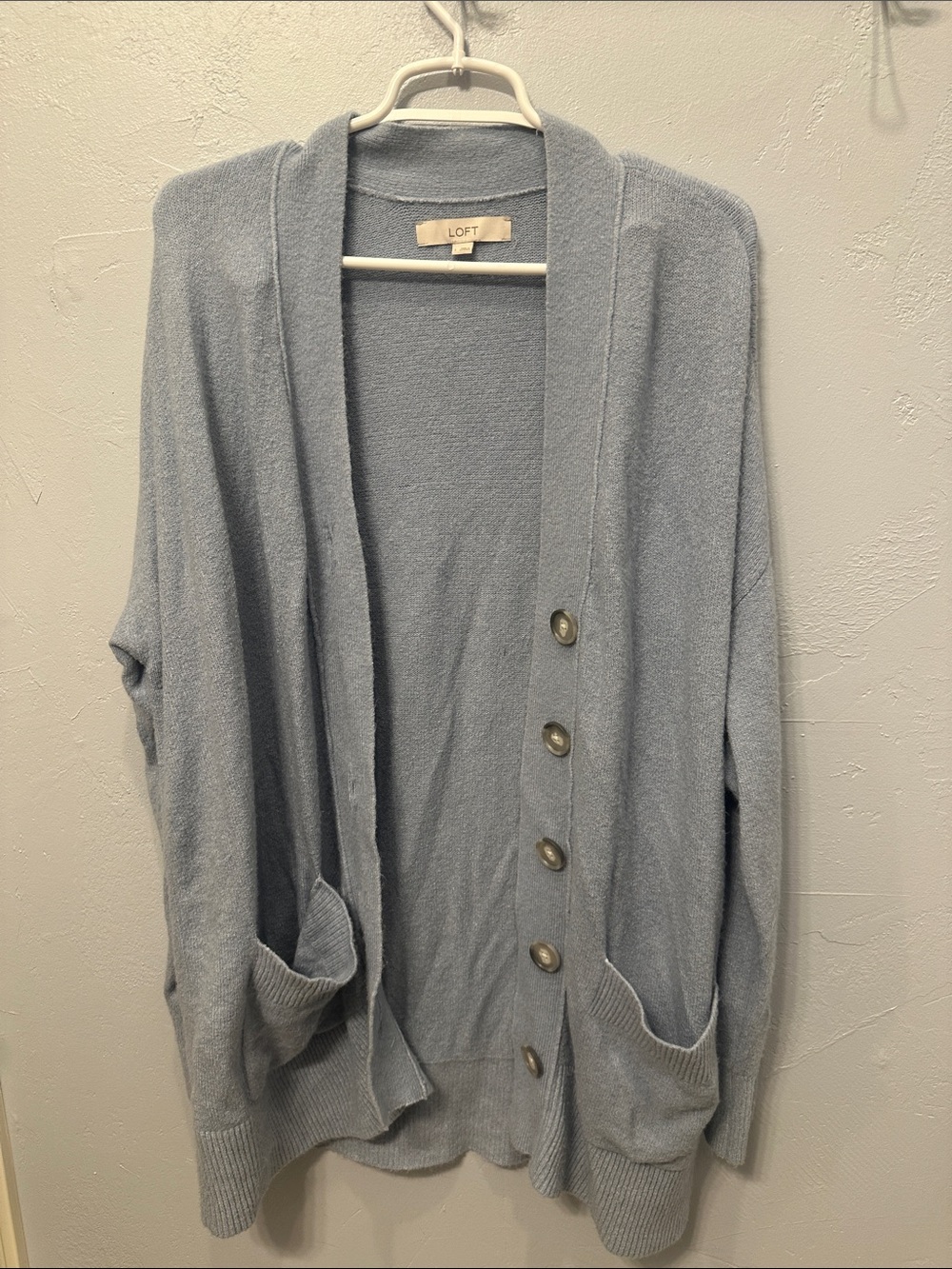 LOFT Light Blue Open-Front Button Cardigan